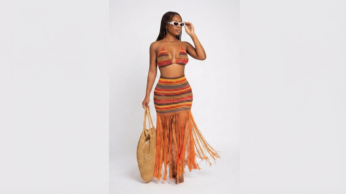 SW-134-Beach Set (Two-Piece Crochet-Halter Bikini Top & Fringe Maxi Skirt)
