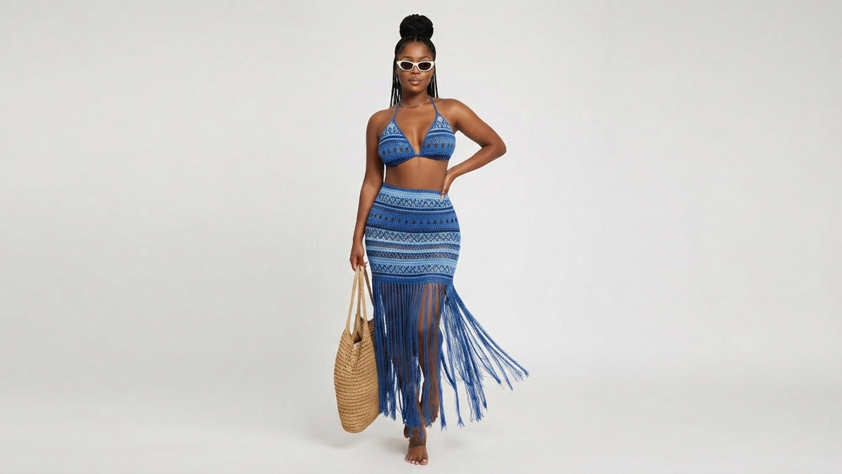 SW-134-Beach Set (Two-Piece Crochet-Halter Bikini Top & Fringe Maxi Skirt)