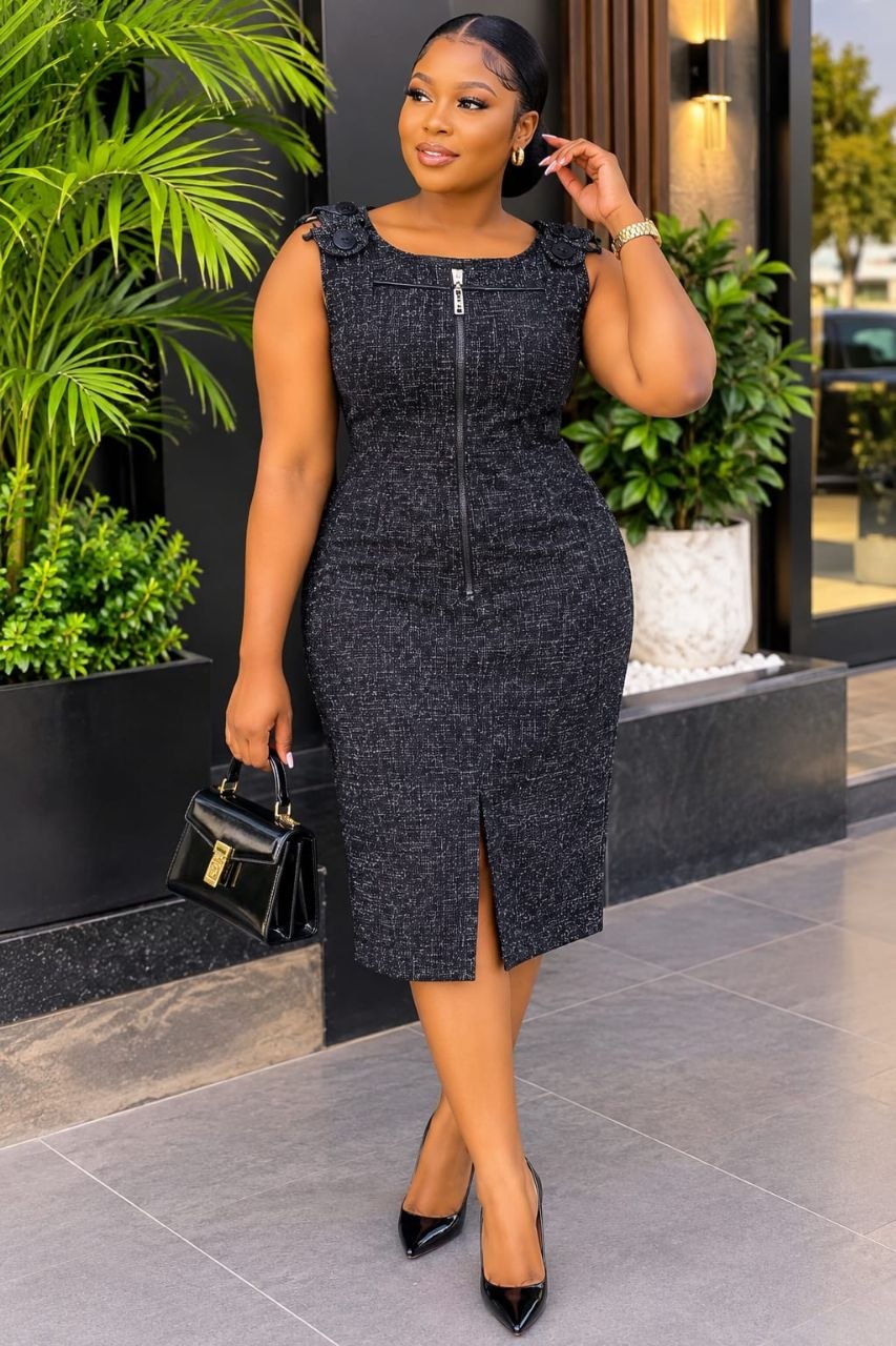 B-31874-Midi Dress (Elegant Textured Zip-Front)